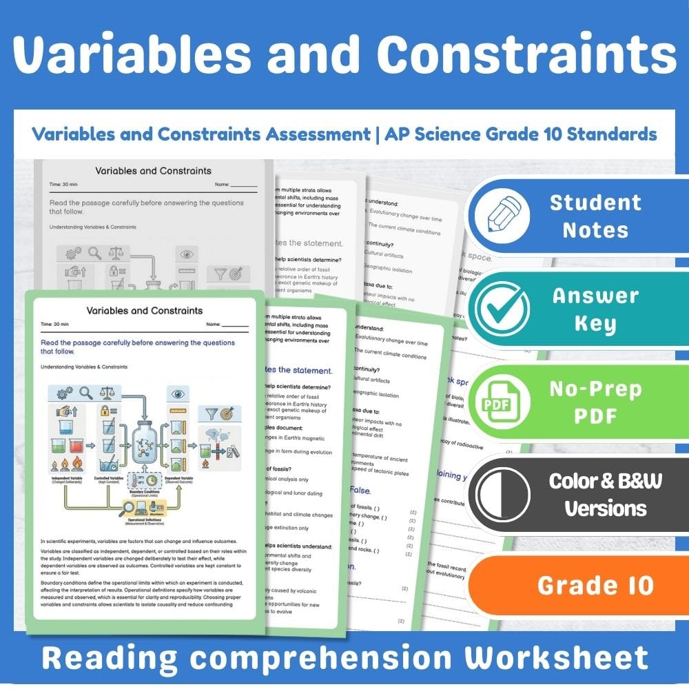 Grade 10 Science assessment worksheet — Variables and Constraints Assessment | AP Science Grade 10 Standards — page 1