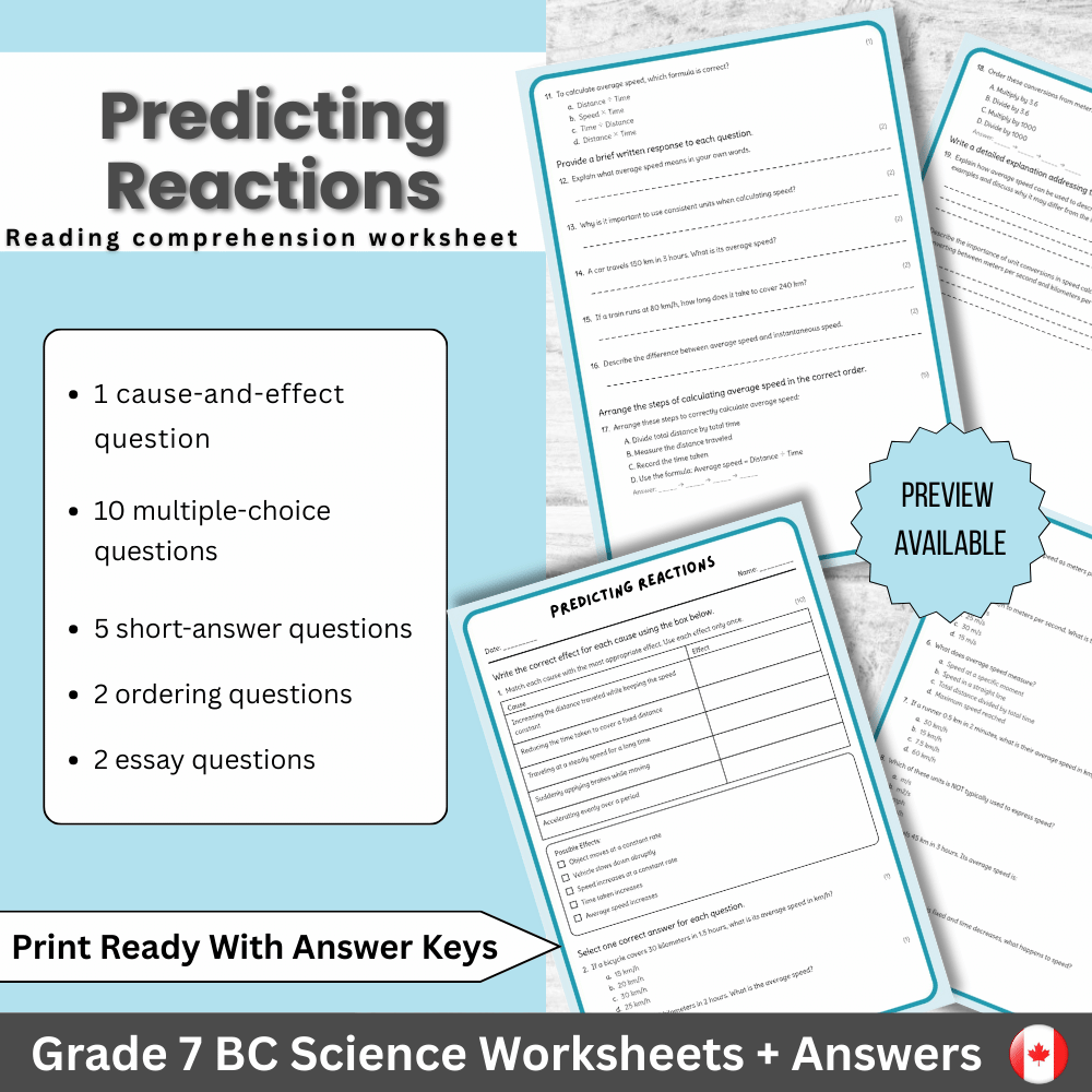 Grade 7 Science | Predicting Reactions Worksheet (PDF) – Standards-Aligned