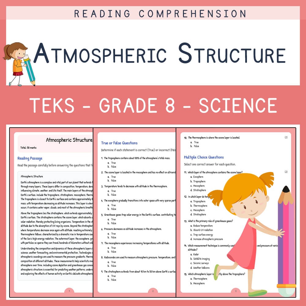 Grade 8 Science worksheet elena worksheet — Grade 8 Science | Atmospheric Structure Worksheet | TEKS Aligned — page 1
