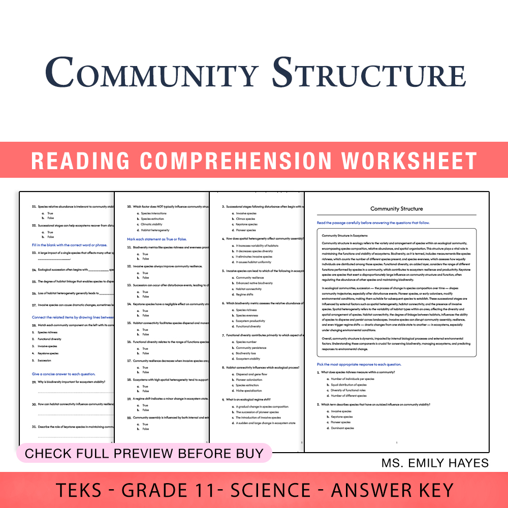 Grade 11 Science worksheet worksheet — 11th Grade Science | Community Structure Worksheet (PDF+ Answer Key) — page 1