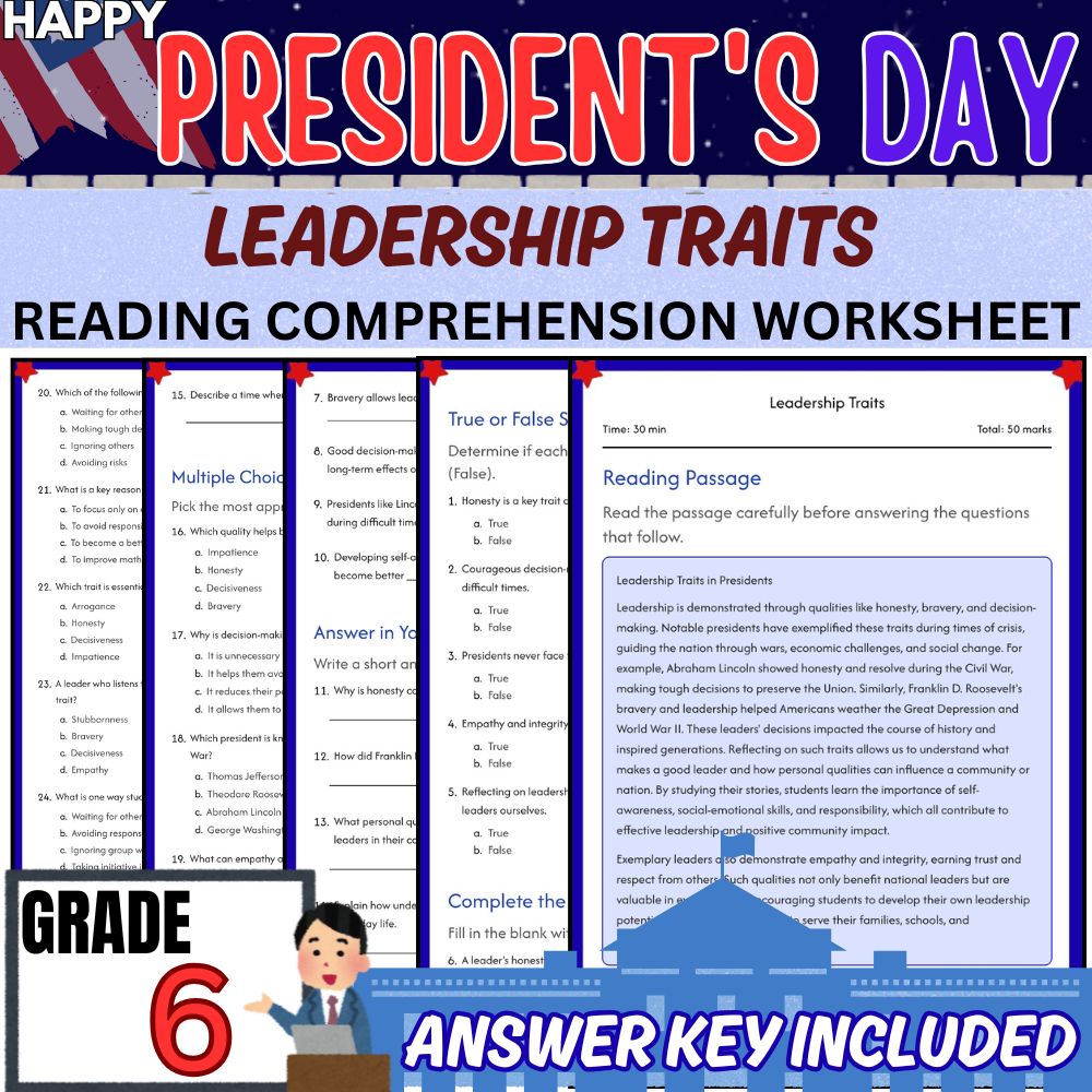 Grade 6 | Presidents Day Leadership Traits Worksheet | PDF + Answer Key