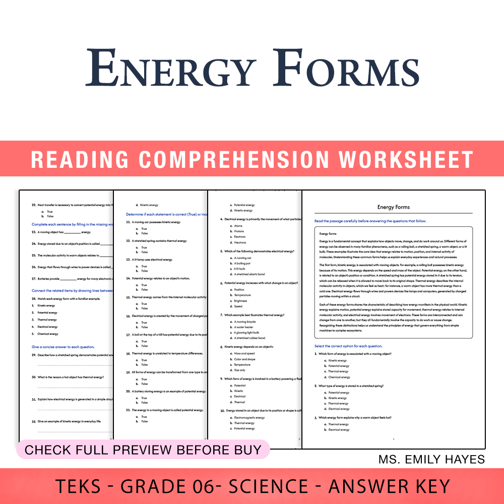 Grade 6 Science worksheet worksheet — 6th Grade Science | Energy Forms Worksheet (PDF+ Answer Key) — page 1