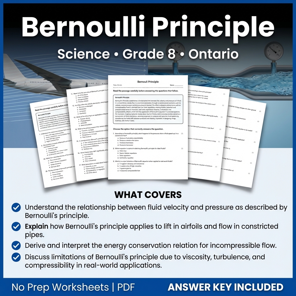 Bernoulli Principle Worksheet for Grade 8 Science | Ontario Standards