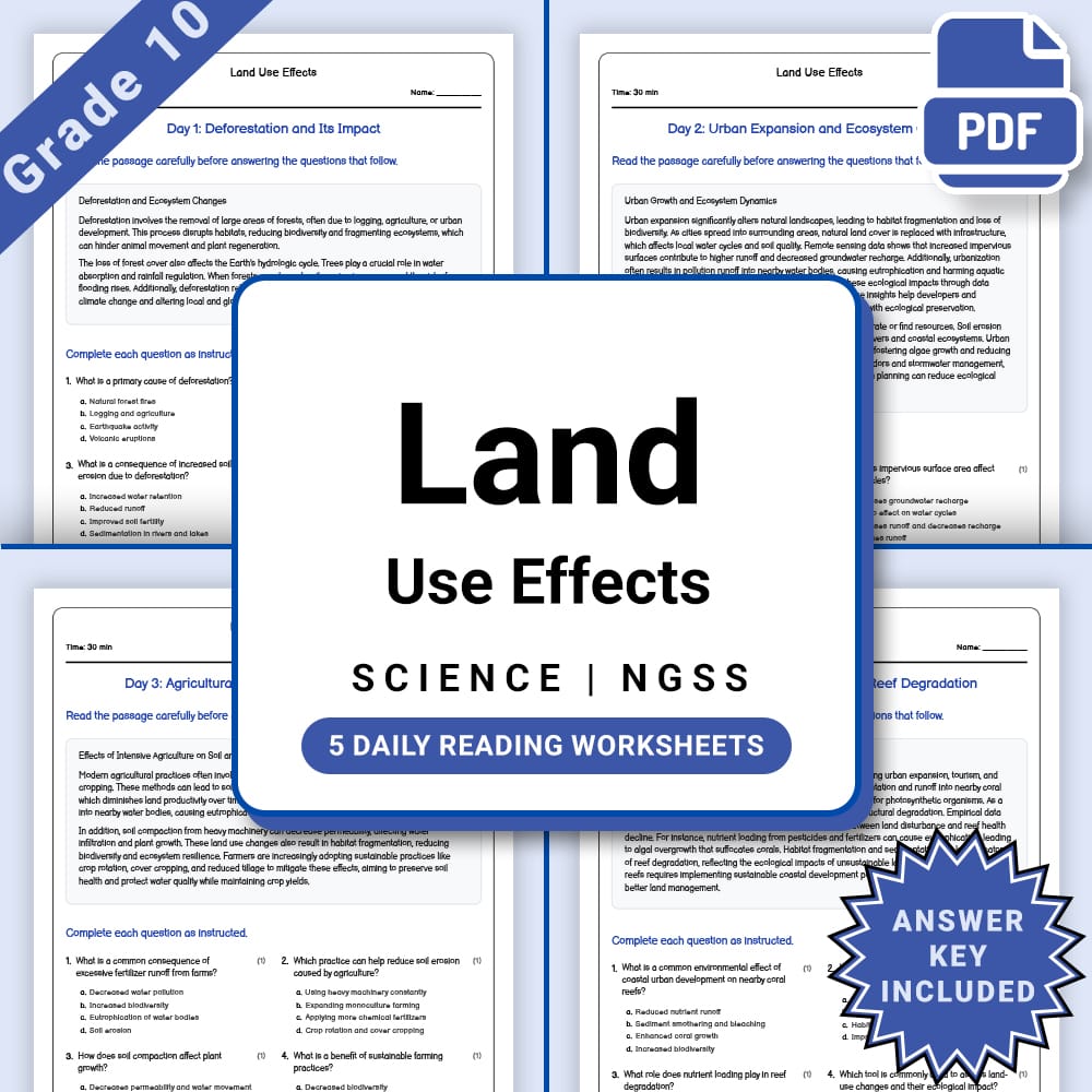 Grade 10 Science daily reading worksheet worksheet — Grade 10 Science – Land Use Effects Worksheet (PDF +Answer Key) — page 1