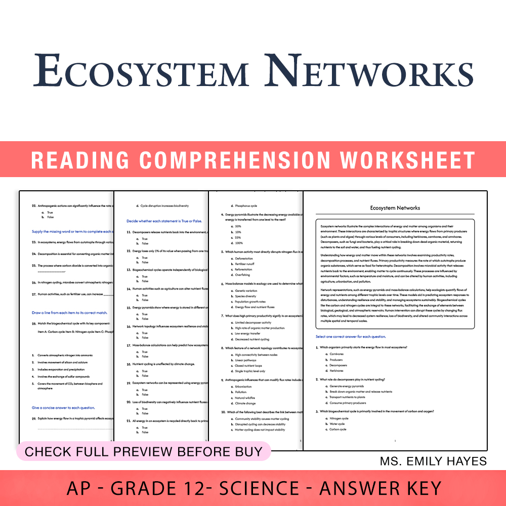 Grade 12 Science worksheet assessment worksheet — 12th Grade Science | Ecosystem Networks Assessment Worksheet (PDF+ Answe…