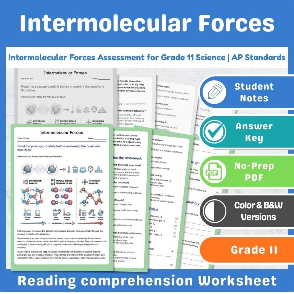 Grade 11 Science assessment worksheet — Intermolecular Forces Assessment for Grade 11 Science | AP Standards — page 1
