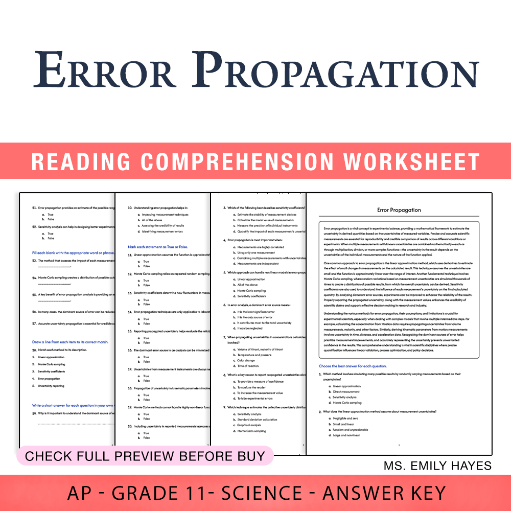 Grade 11 Science worksheet assessment worksheet — 11th Grade Science | Error Propagation Worksheet (PDF+ Answer Key) — page 1