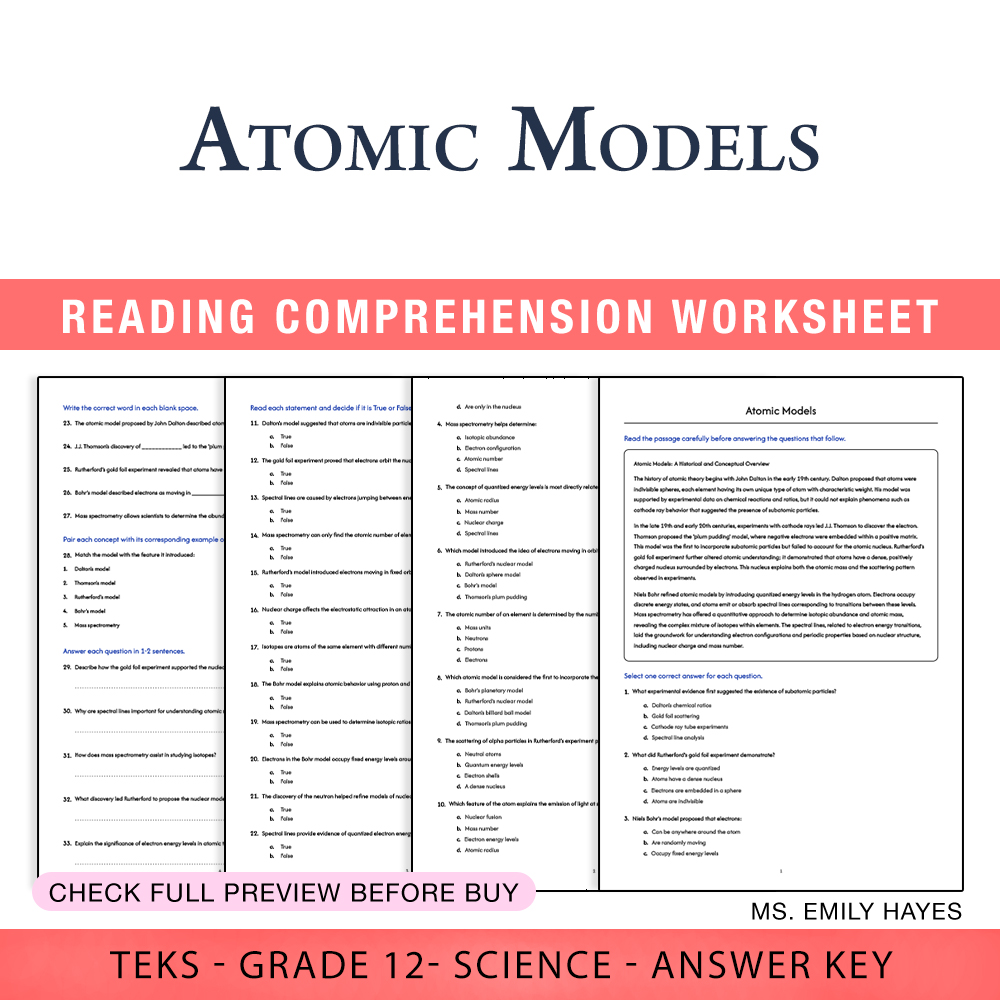 Grade 12 Science worksheet worksheet — 12th Grade Science | Atomic Models Worksheet (PDF+ Answer Key) — page 1