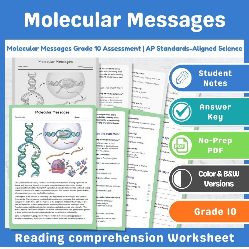 Grade 10 Science assessment worksheet — Molecular Messages Grade 10 Assessment | AP Standards-Aligned Science — page 1