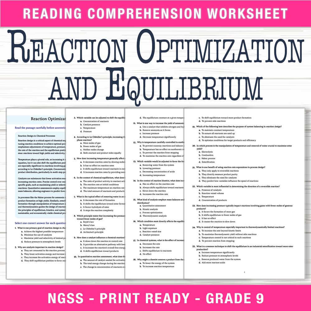 Grade 9 Science worksheet worksheet — Grade 9 Science | Reaction Optimization & Equilibrium Worksheet (PDF) — page 1