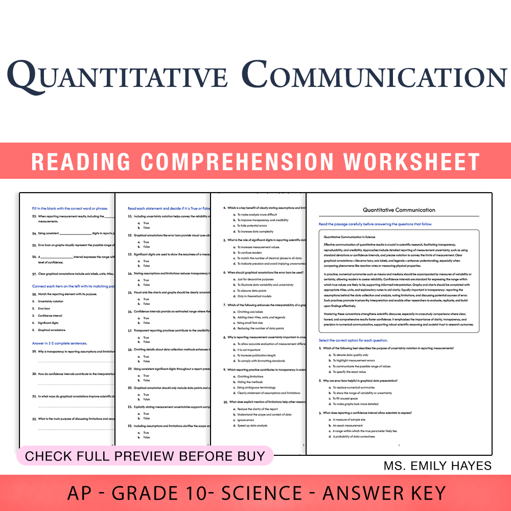 Grade 10 Science worksheet worksheet — 10th Grade Science | Quantitative Communication Worksheet (PDF+ Answer Key) — page 1