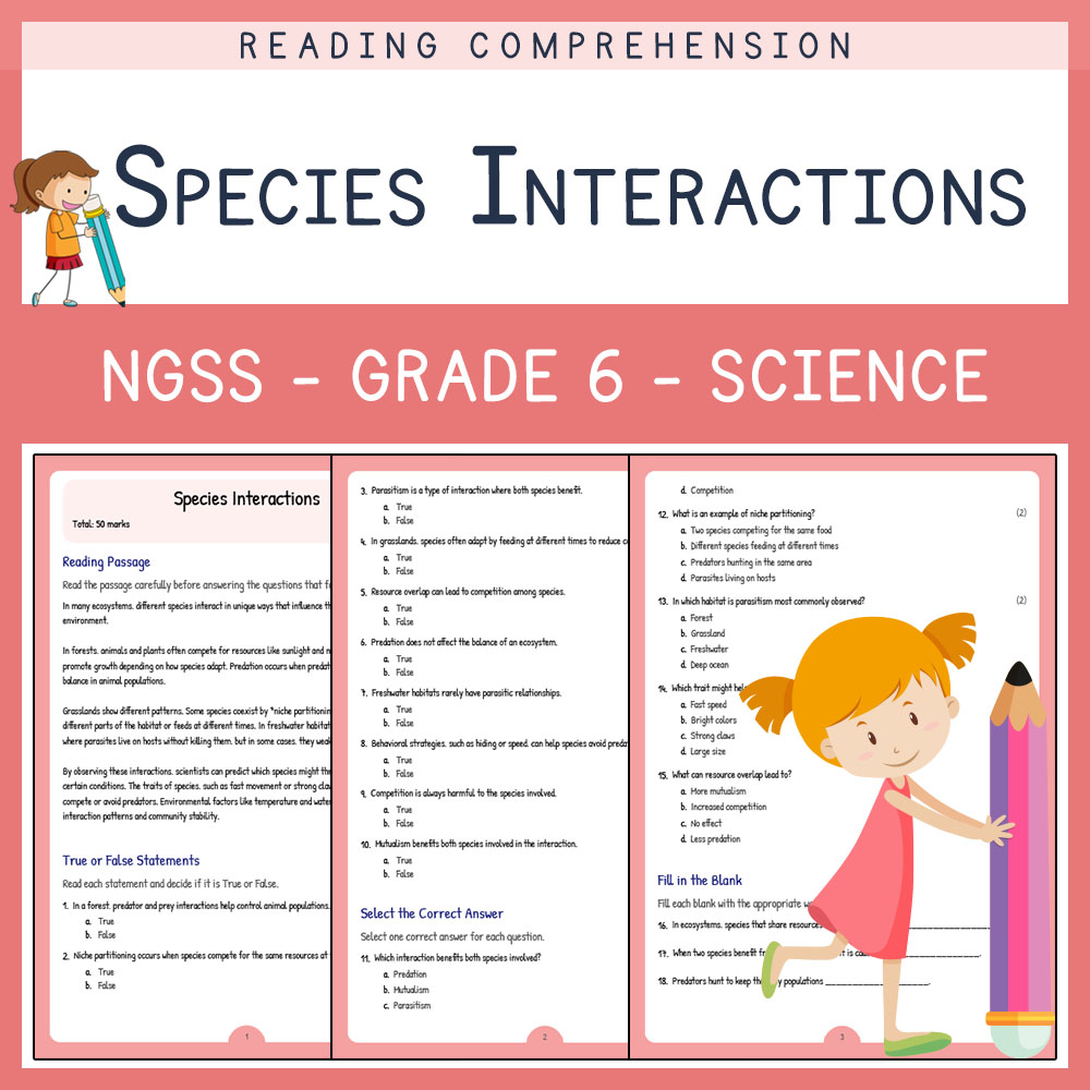 Grade 6 Science worksheets for primary grades worksheet — Grade 6 Science | Species Interactions Worksheet (PDF) | NGSS Al…