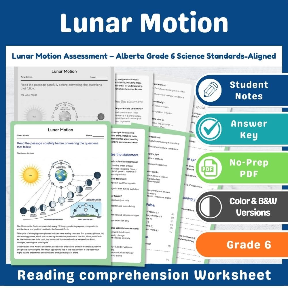 Grade 6 Science assessment worksheet — Lunar Motion Assessment – Alberta Grade 6 Science Standards-Aligned — page 1