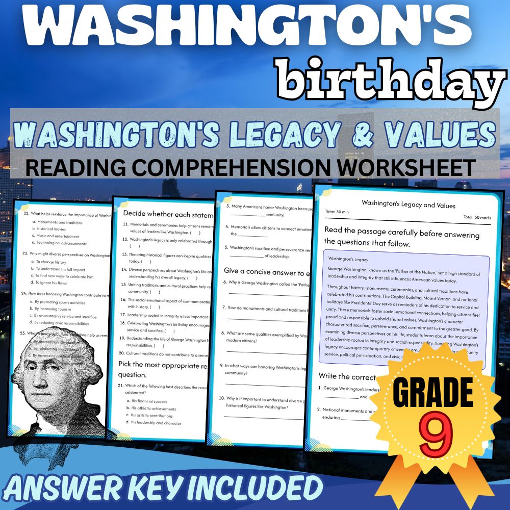 Grade 9 | Washington's Legacy and Values Worksheet (PDF + Answer Key)