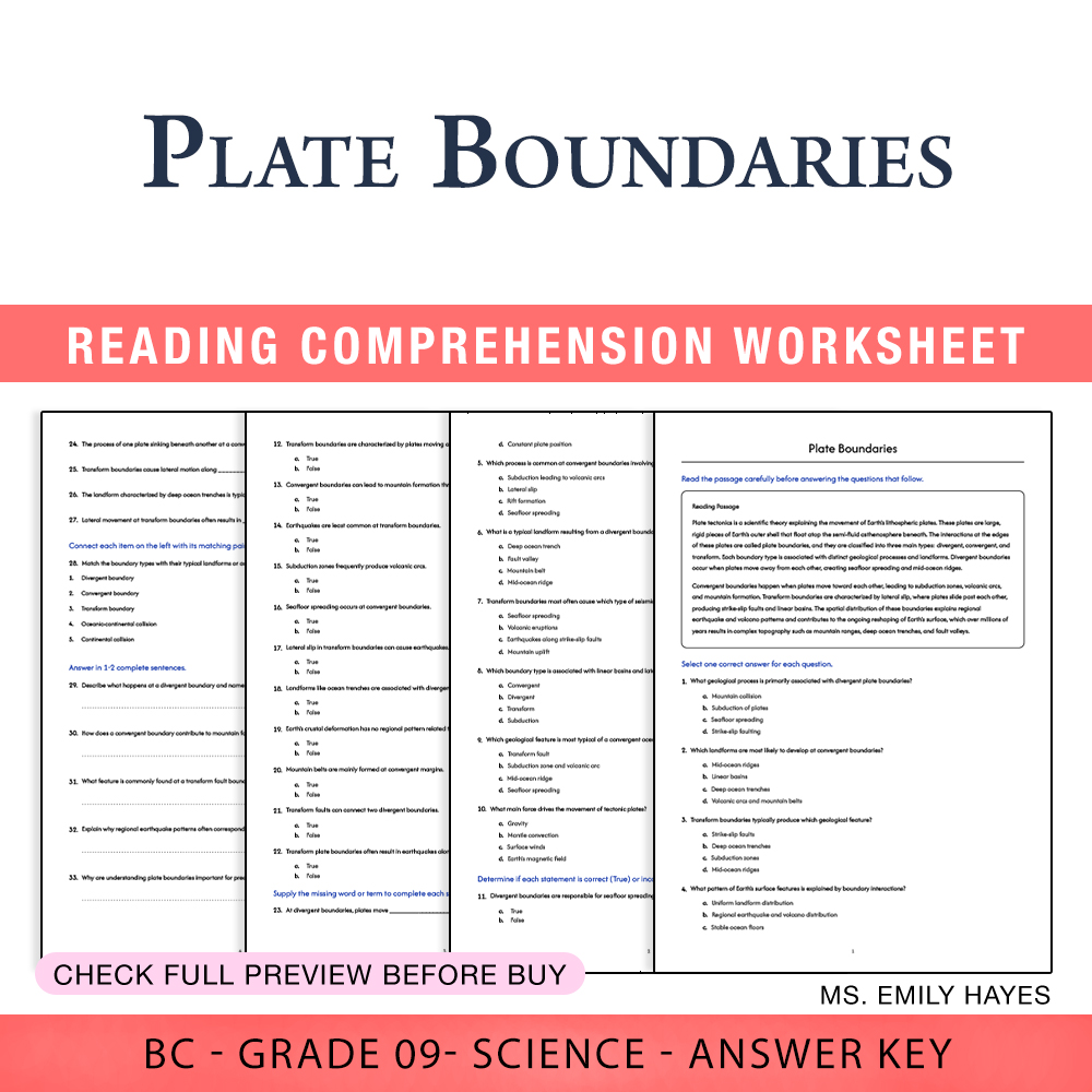Grade 9 Science worksheet worksheet — 9th Grade Science | Plate Boundaries Worksheet (PDF+ Answer Key) — page 1