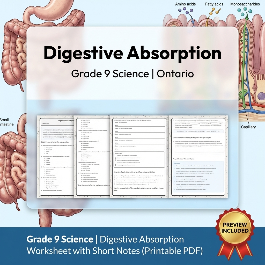 Grade 9 Science | Digestive Absorption Worksheet with Short Notes 