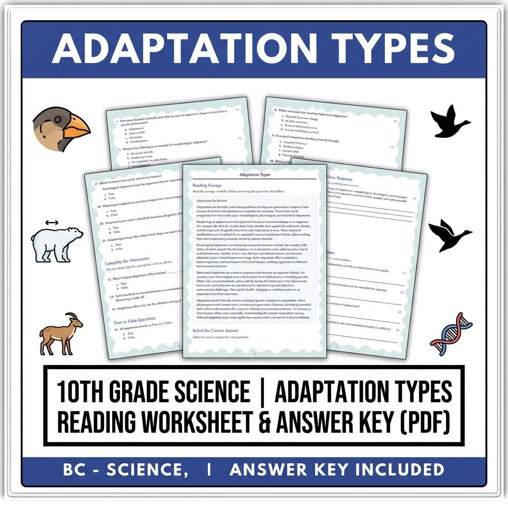 10th Grade Science | Adaptation Types Reading Worksheet & Answer Key (PDF)