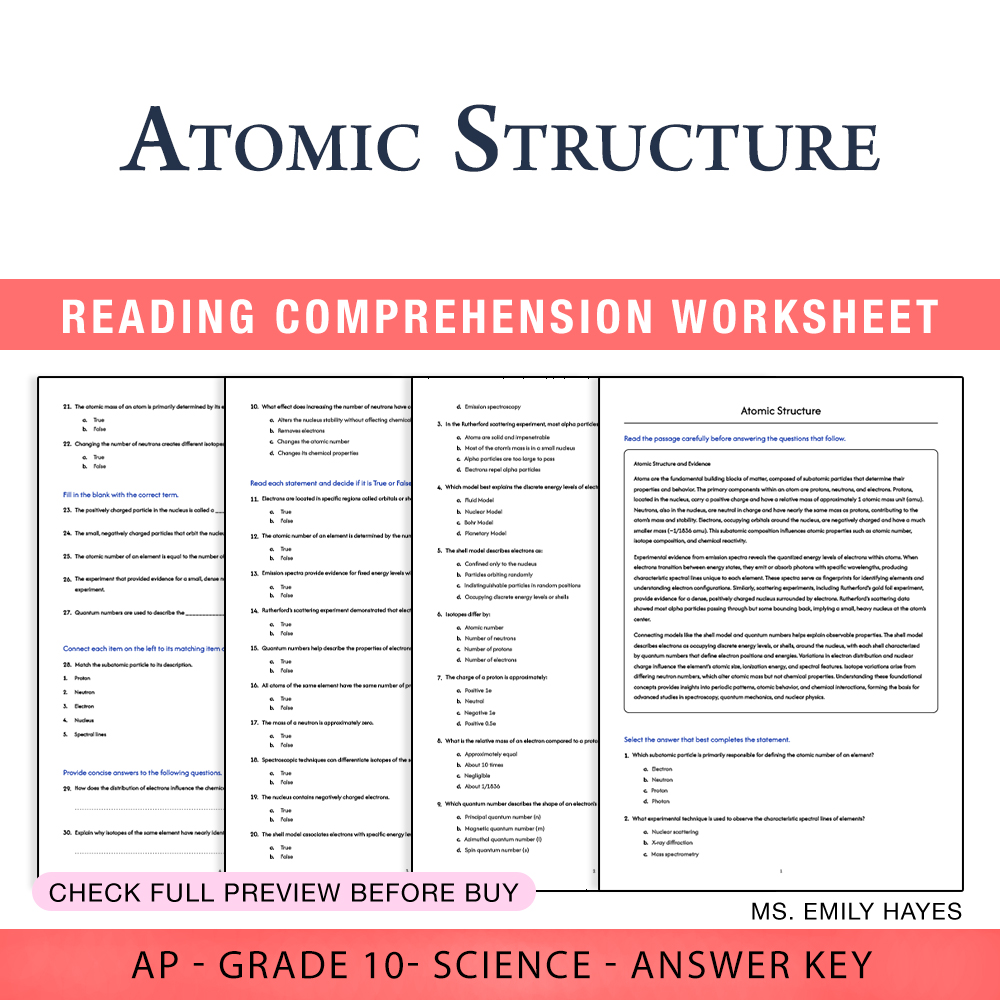 Grade 10 Science worksheet worksheet — 10th Grade Science | Atomic Structure Worksheet (PDF+ Answer Key) — page 1