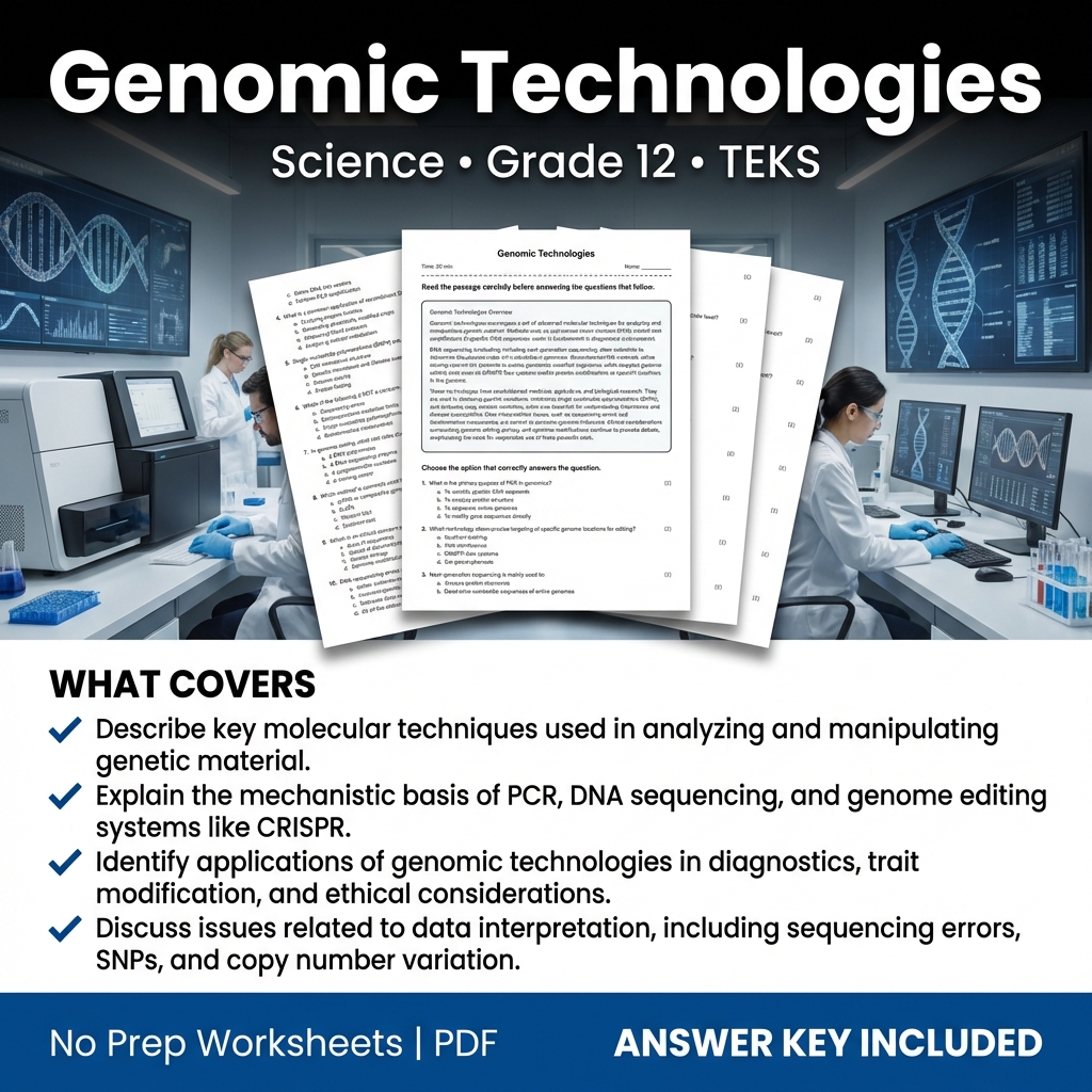 Genomic Technologies Worksheet for Grade 12 Science | TEKS aligned