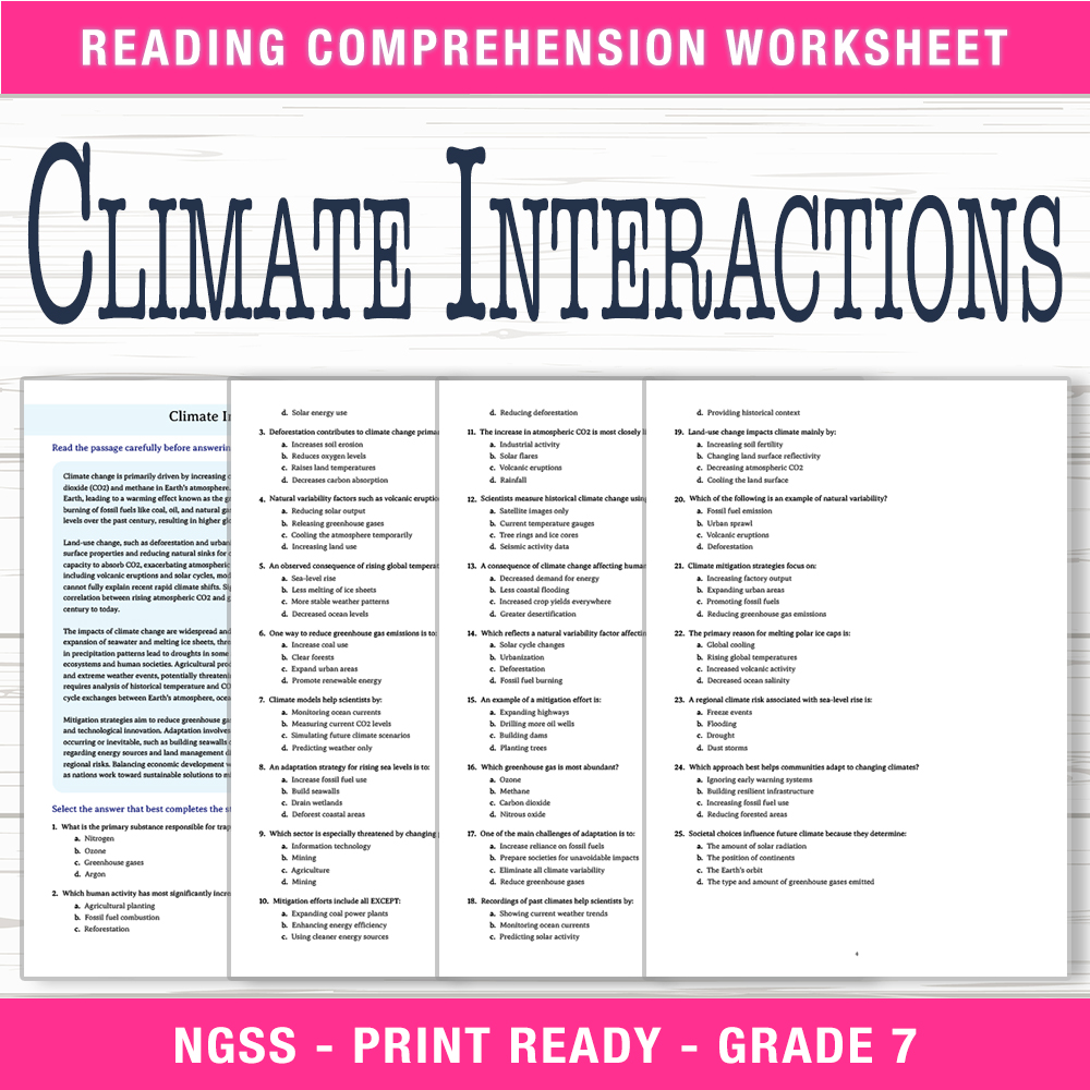 Grade 7 Science worksheet worksheet — Grade 7 Science | Climate Interactions Worksheet (PDF + Answer Key) — page 1