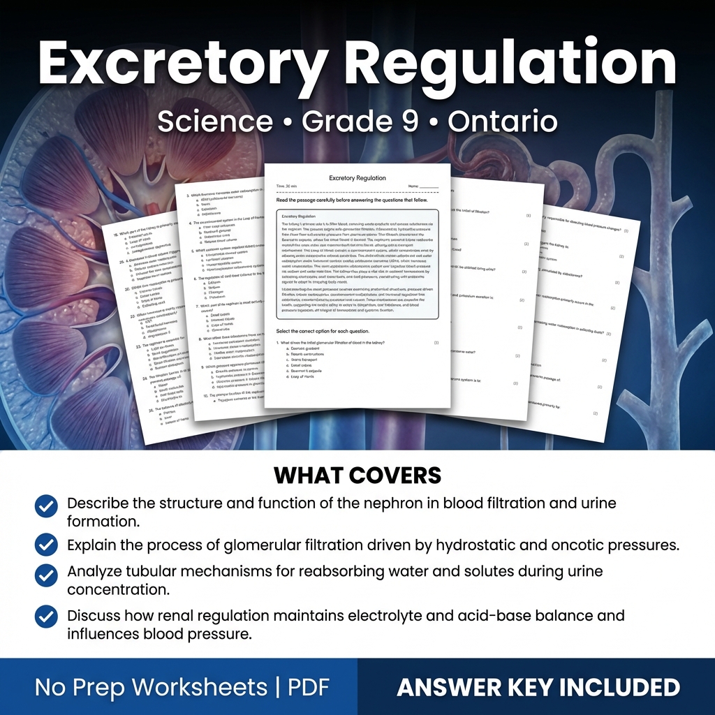 Grade 9 Science Worksheet on Excretory Regulation | Ontario Standards
