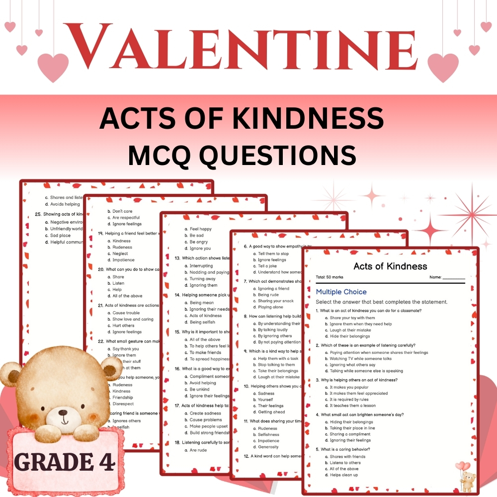 Grade 4 Seasonal Acts of Kindness | Valentine MCQ Worksheet (PDF)