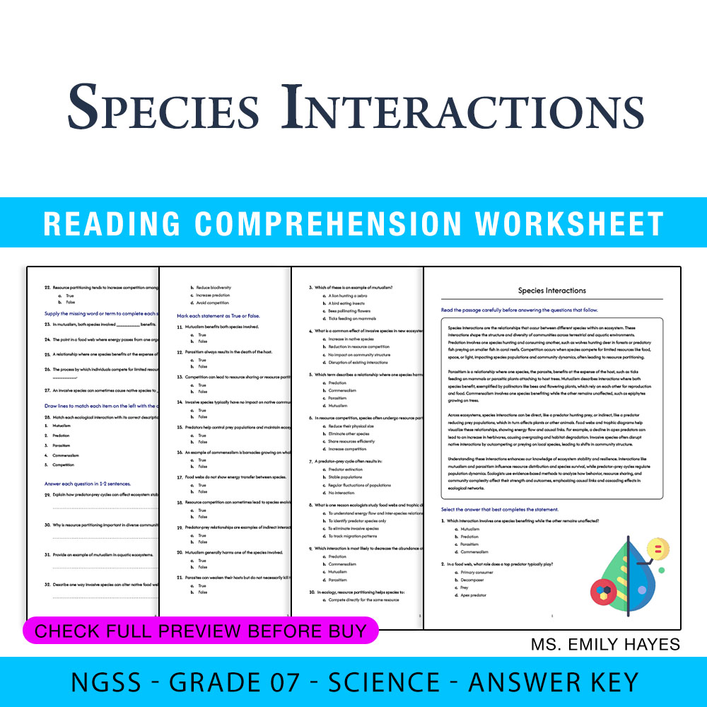 Grade 7 Science worksheet worksheet — 7th Grade Science | Species Interactions Worksheet (PDF +Answer Key) — page 1