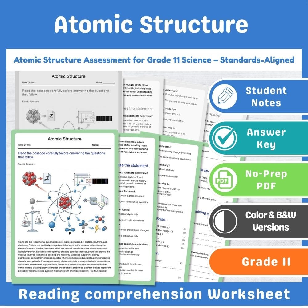 Grade 11 Science assessment worksheet — Atomic Structure Assessment for Grade 11 Science – Standards-Aligned — page 1