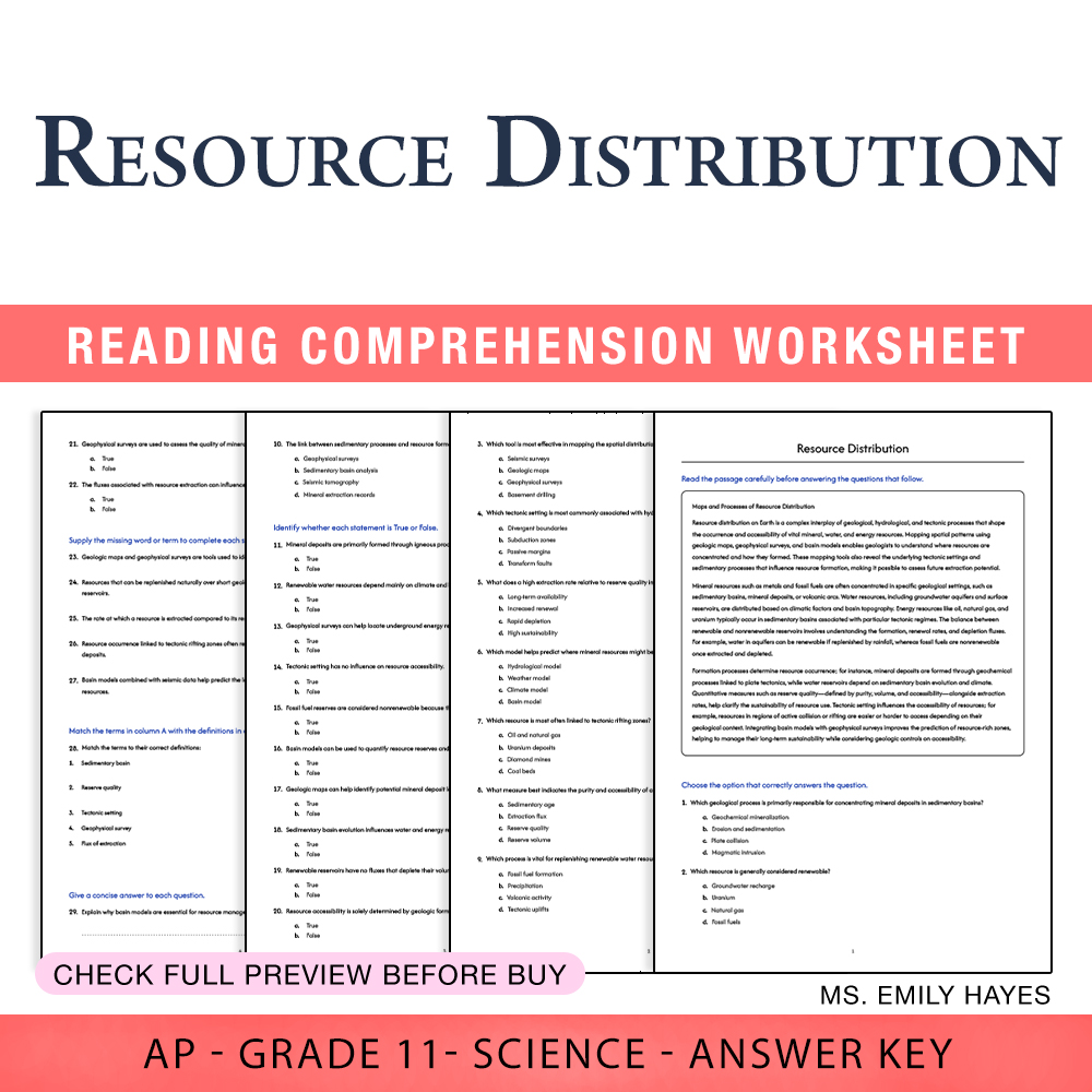 Grade 11 Science worksheet worksheet — Grade 11 Science | Resource Distribution Worksheet (PDF+ Answer Key) — page 1