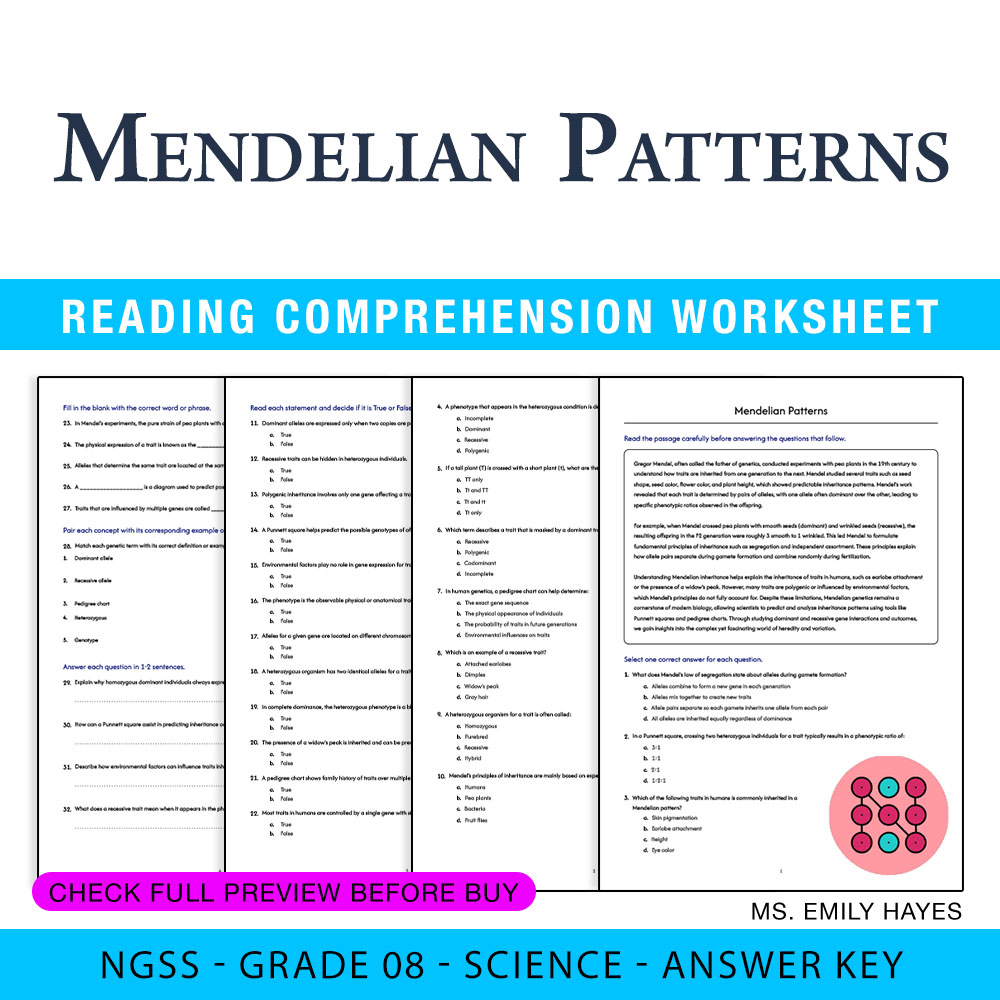 Grade 8 Science worksheet — 8th Grade Science | Mendelian Patterns Worksheet (PDF+ Answer Key) — page 1