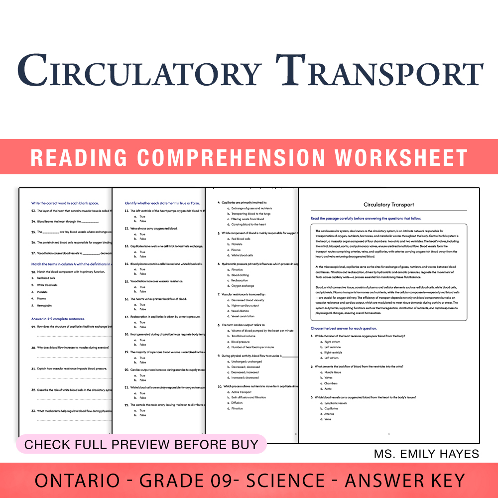 Grade 9 Science worksheet worksheet — Grade 9 Science | Circulatory Transport Worksheet (PDF + Answer Key) — page 1
