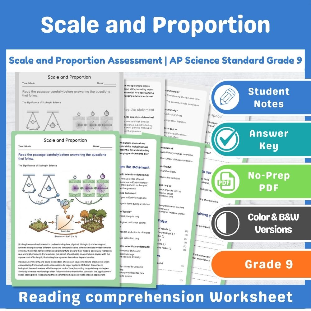 Grade 9 Science assessment worksheet — Scale and Proportion Assessment | AP Science Standard Grade 9 — page 1
