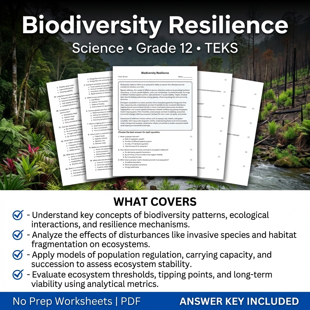 Grade 12 Science Worksheet on Biodiversity Resilience | TEKS Aligned