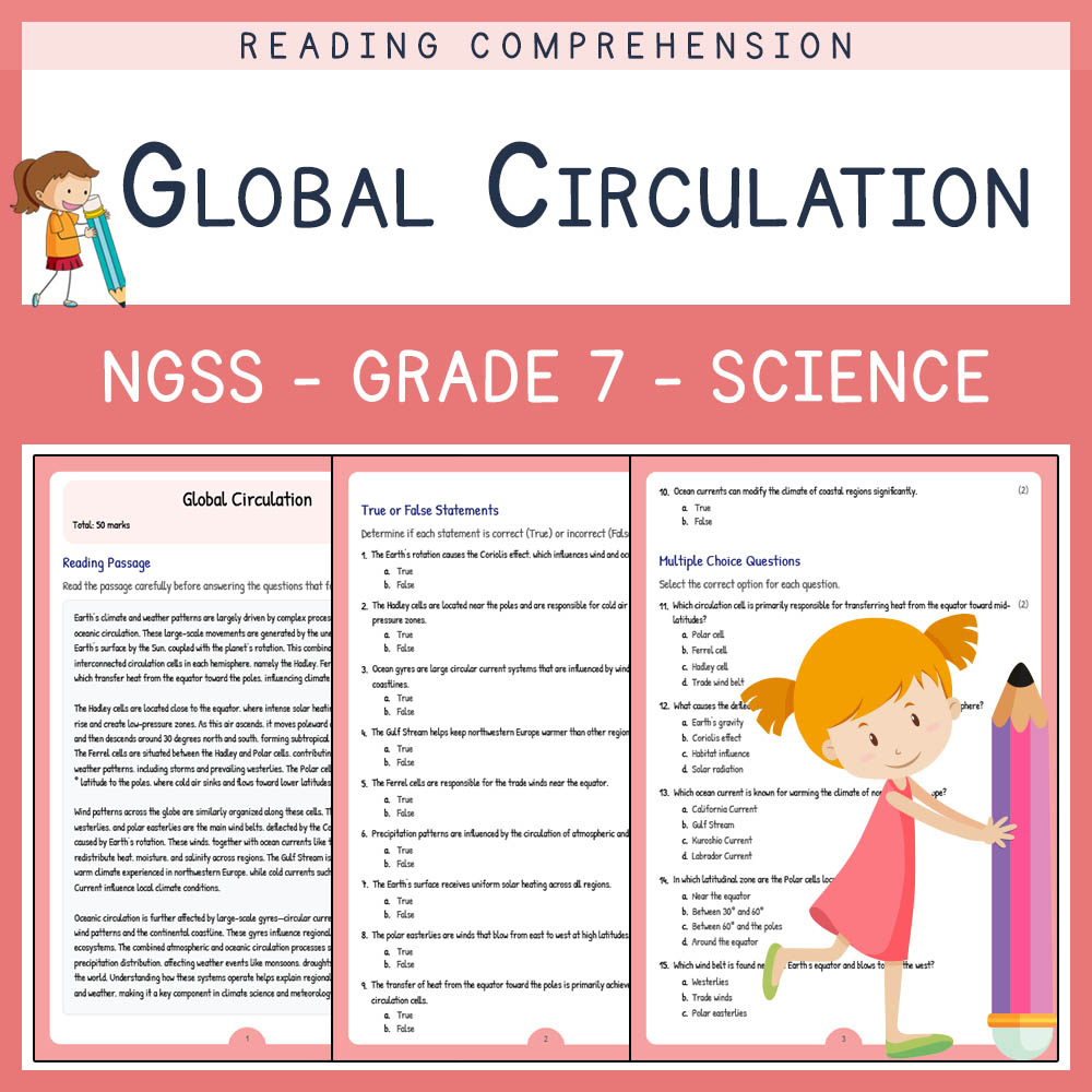Grade 7 Science worksheet worksheet — Grade 7 Science | Global Circulation Worksheet (NGSS-Aligned + Answer Key) — page 1