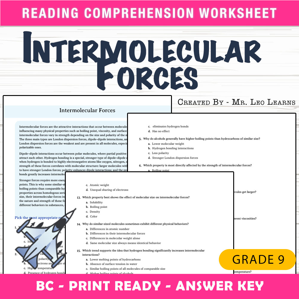 Grade 9 Science worksheet mcq paper worksheet — Grade 9 Science — Worksheet MCQ Paper for Intermolecular Forces — page 1