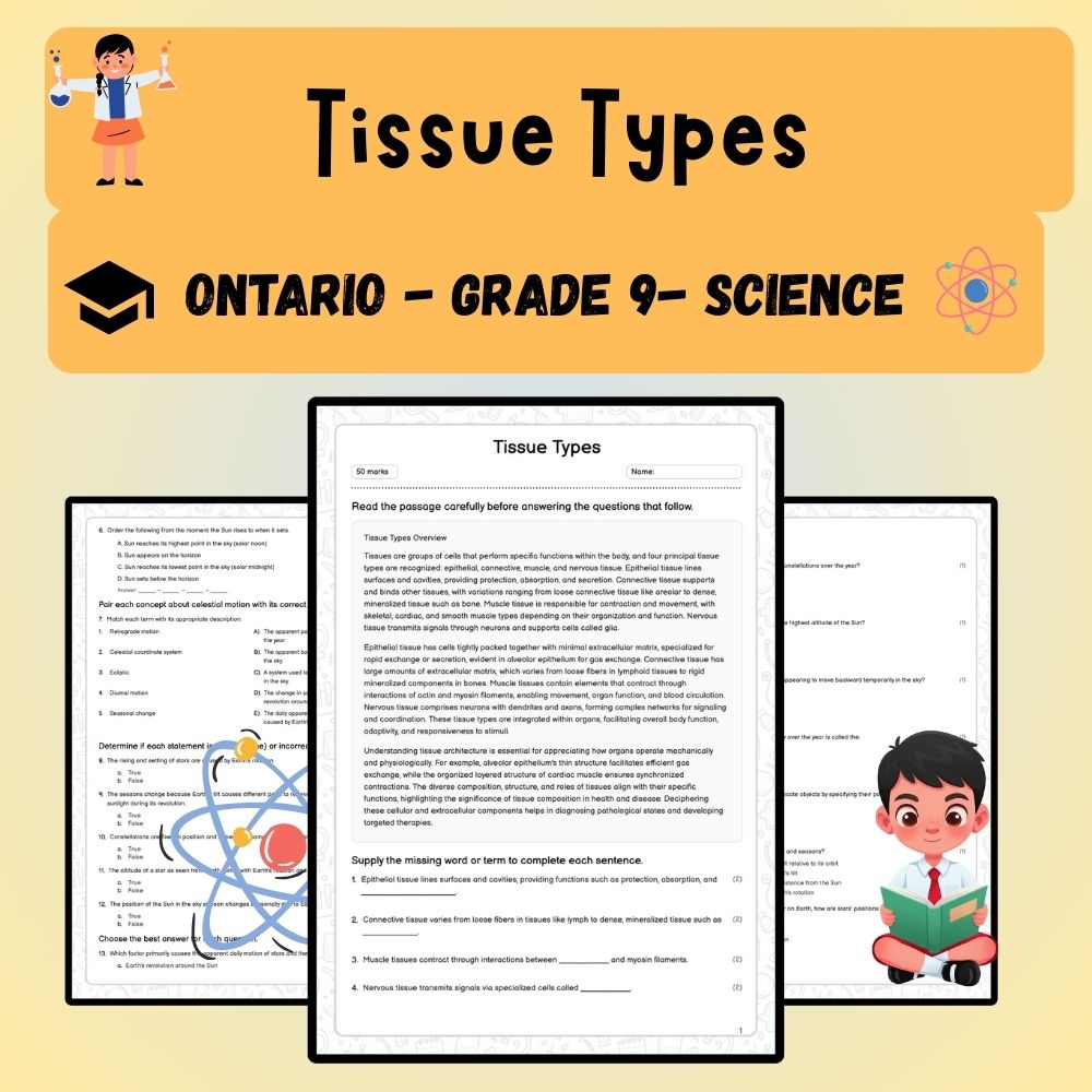 Grade 9 Science worksheet worksheet — Grade 9 Science | Tissue Types Worksheet (PDF) Aligned with Ontario Standards — page 1