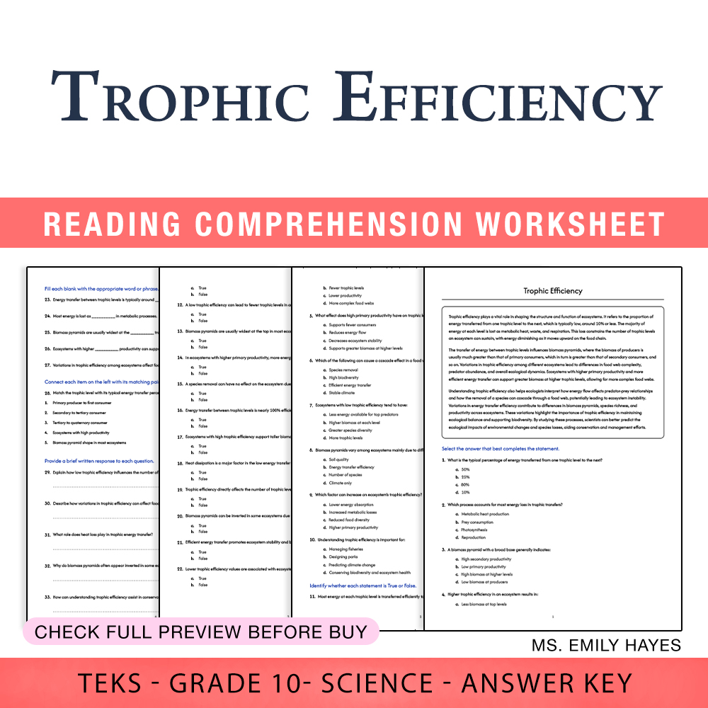 Grade 10 Science worksheet worksheet — Grade 10 Science | Trophic Efficiency Worksheet (PDF+ Answer Key) — page 1