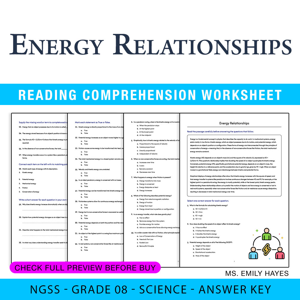 Grade 8 Science worksheet worksheet — 8th Grade Science | Energy Relationships Worksheet (PDF+ Answer Key) — page 1