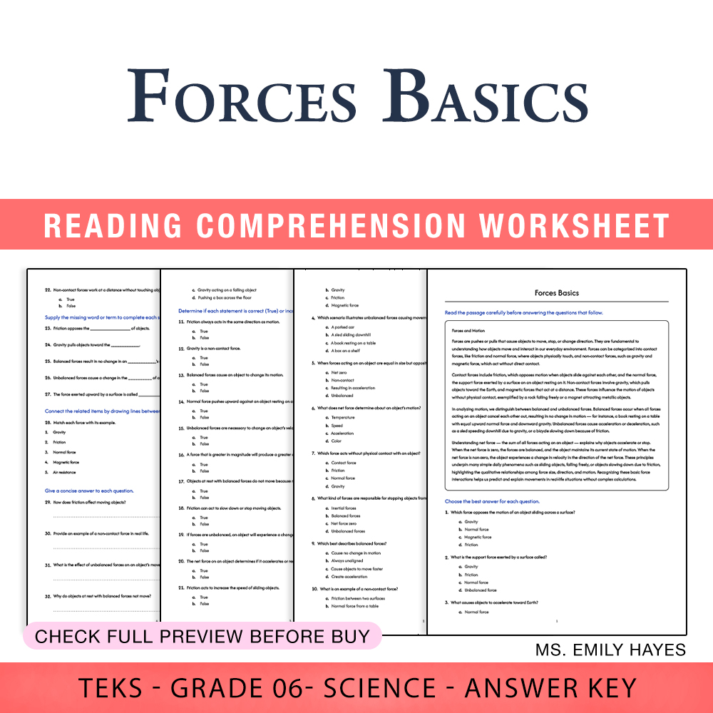 Grade 6 Science worksheet worksheet — 6th Grade Science | Forces Basics Worksheet (PDF+ Answer Key) — page 1