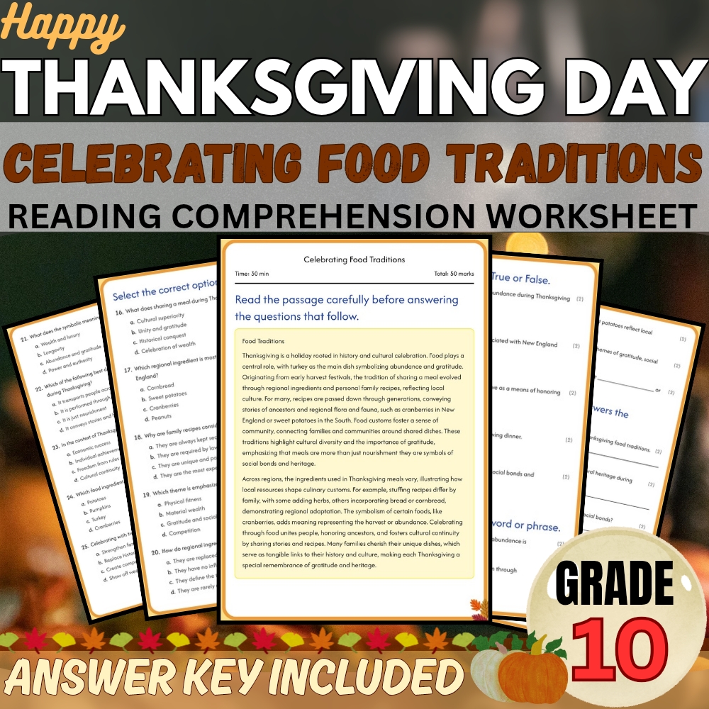 Grade 10 Seasonal | Celebrating Food Traditions Worksheet (PDF + Answer Key)