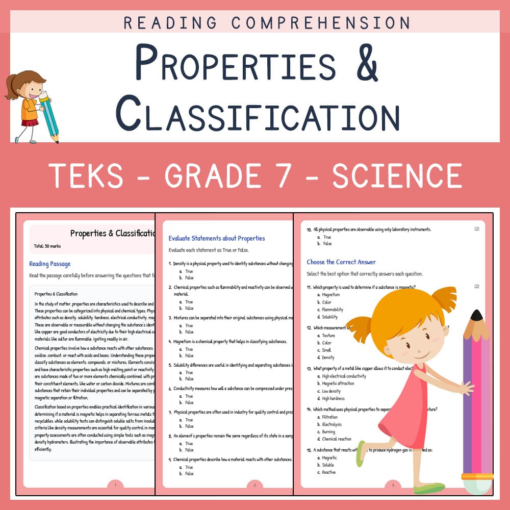 Grade 7 Science worksheet elena worksheet — Grade 7 Science | Properties and Classification Worksheet | TEKS-Aligned — page 1