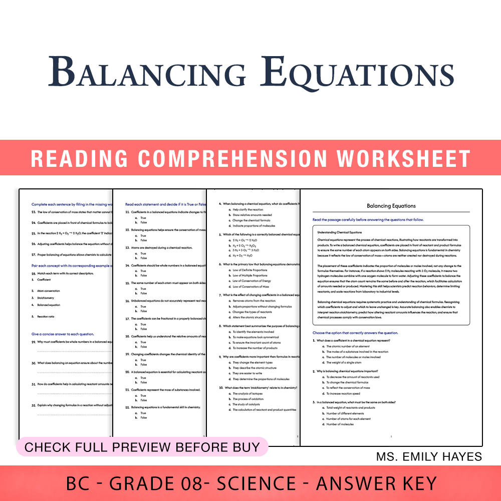 Grade 8 Science worksheet worksheet — 8th Grade Science | Balancing Equations Worksheet (PDF+ Answer Key) — page 1
