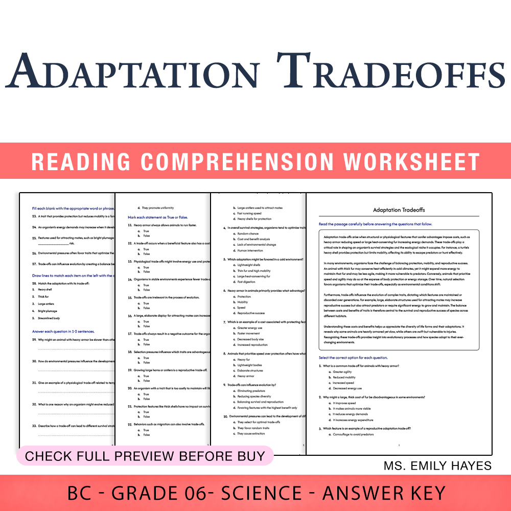 Grade 6 Science worksheet worksheet — 6th Grade Science | Adaptation Tradeoffs Worksheet (PDF+ Answer Key) — page 1