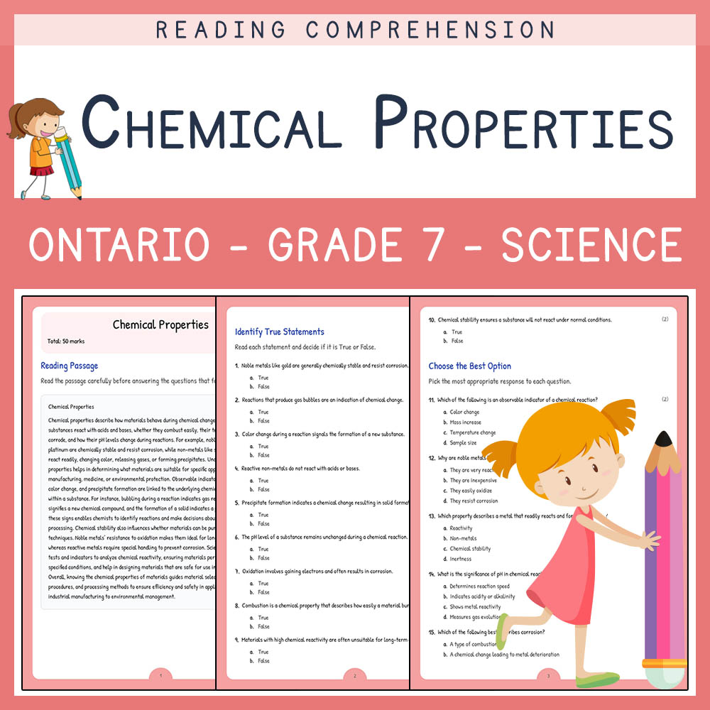 Grade 7 Science worksheet elena worksheet — Grade 7 Science | Chemical Properties Worksheet Elena | Ontario Standard — page 1