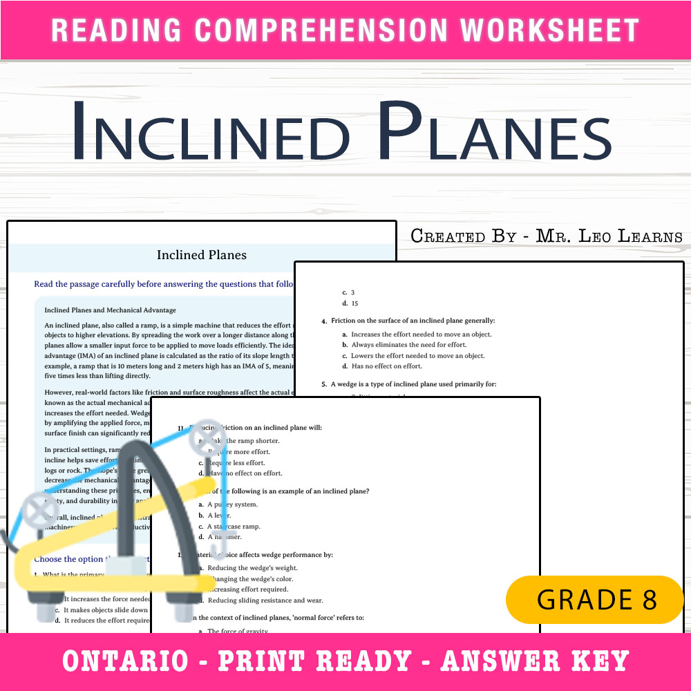 Grade 8 Science worksheet worksheet — Grade 8 Science — Inclined Planes Worksheet for Mastery — page 1