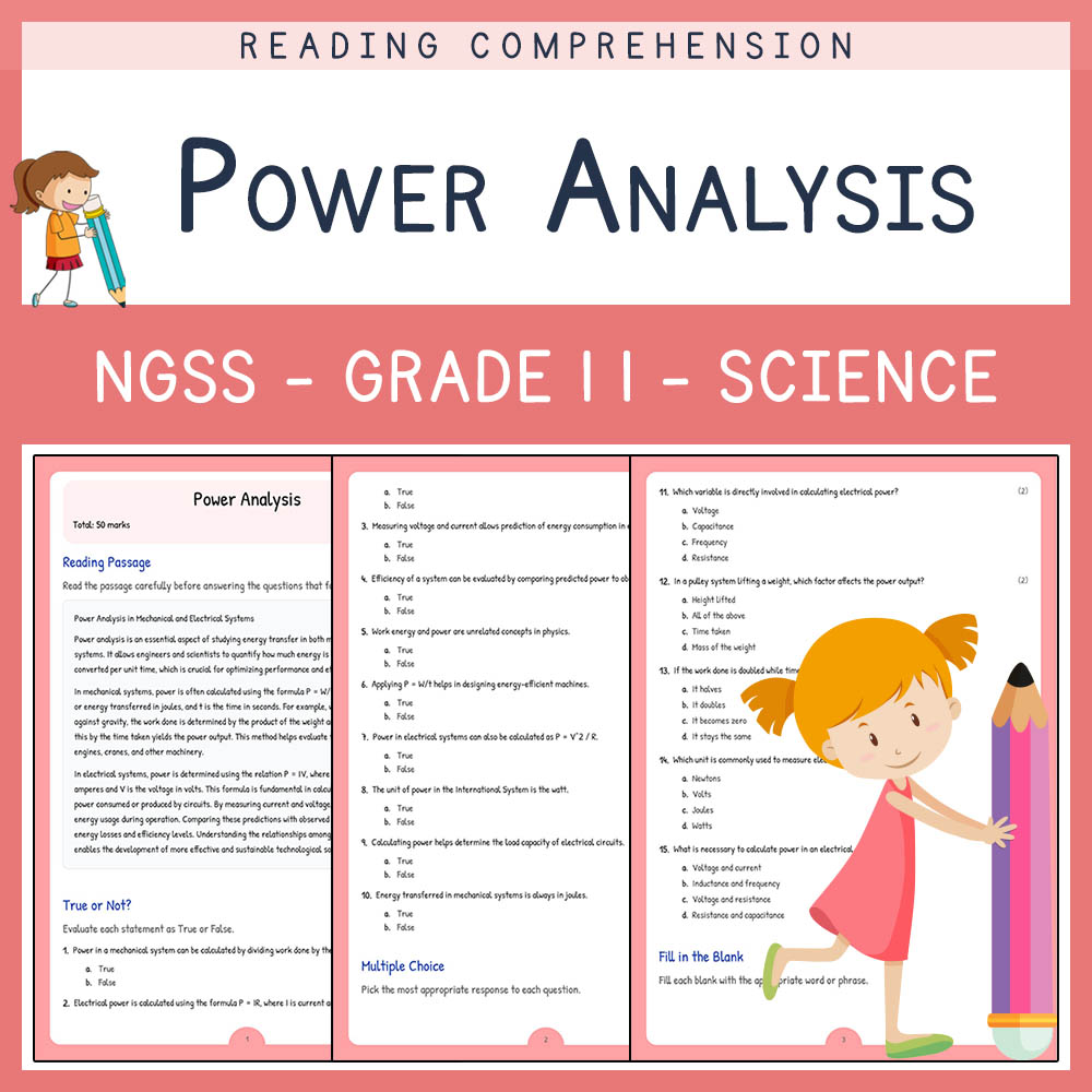 Grade 11 Science worksheet worksheet — Grade 11 Science | Power Analysis Worksheet & Answer Key for NGSS Standards — page 1