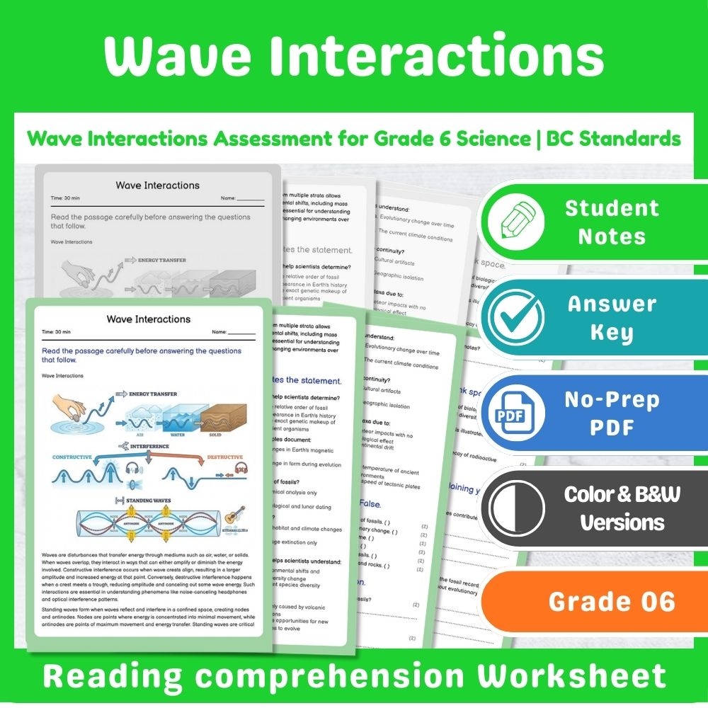 Grade 6 Science Assessment | Wave Interactions & Light Physics Mini Bundle — included worksheet 11