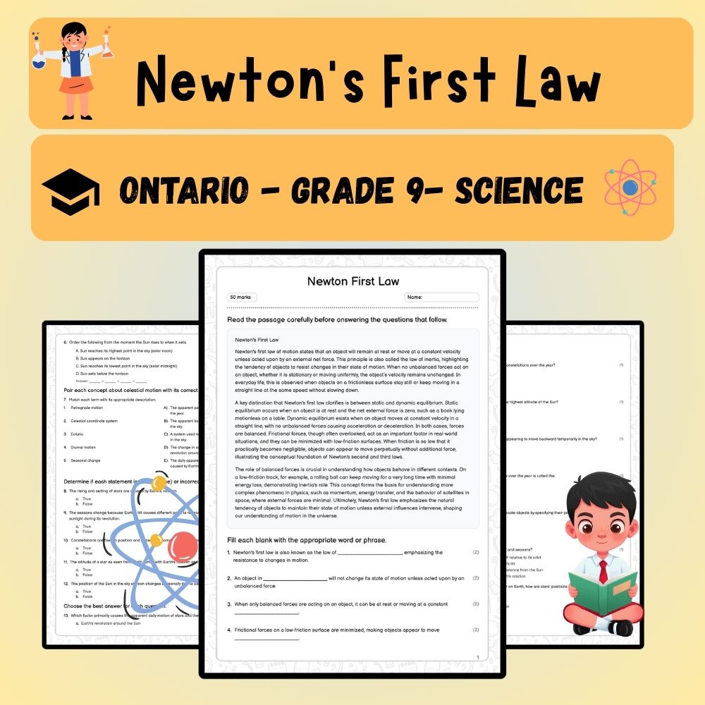 Grade 9 Science worksheet worksheet — Grade 9 Science | Newton's First Law Worksheet (Answer Key) – Ontario Standard Pract…