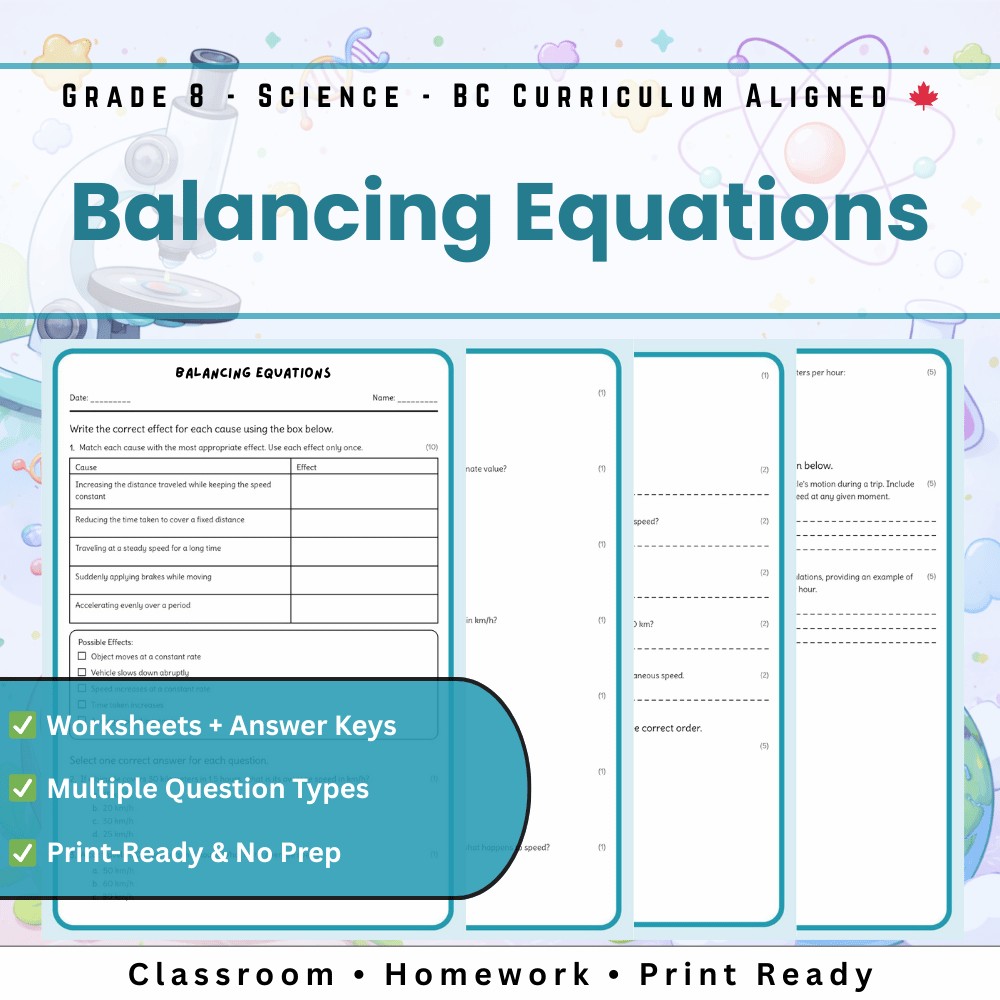 Grade 8 Science | Balancing Equations Worksheet & Answer Key (PDF)