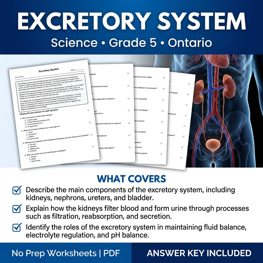 Grade 5 Science Worksheet - Excretory System | Ontario Standards